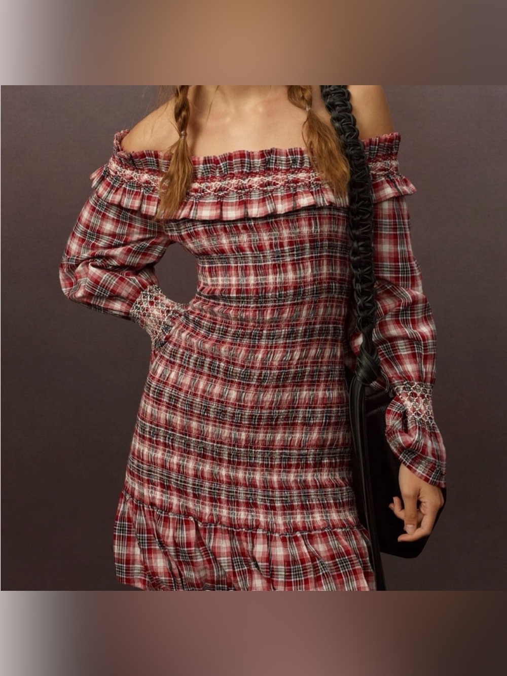 Pilcro-Red Plaid-Ruffle-Off the Shoulder-Mini-Bubble Hem-Dress-Holiday-S